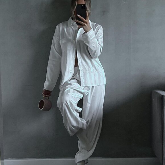 Lounge Striped Satin Pajama Set in "Pearl" - Picture 3 of 16